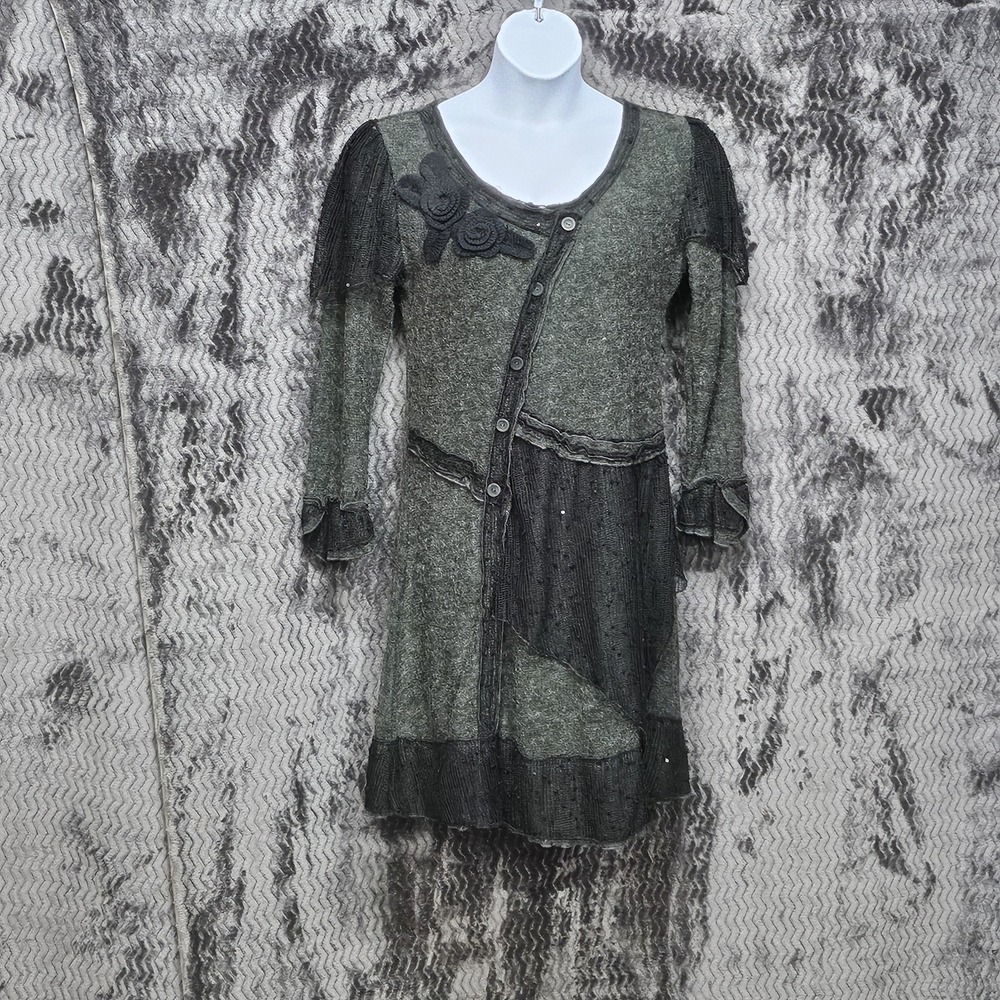 Pretty Angel Whimsigoth Dress‎ L Green Linen Lace Sequin Dark Fairy Witchy Boho